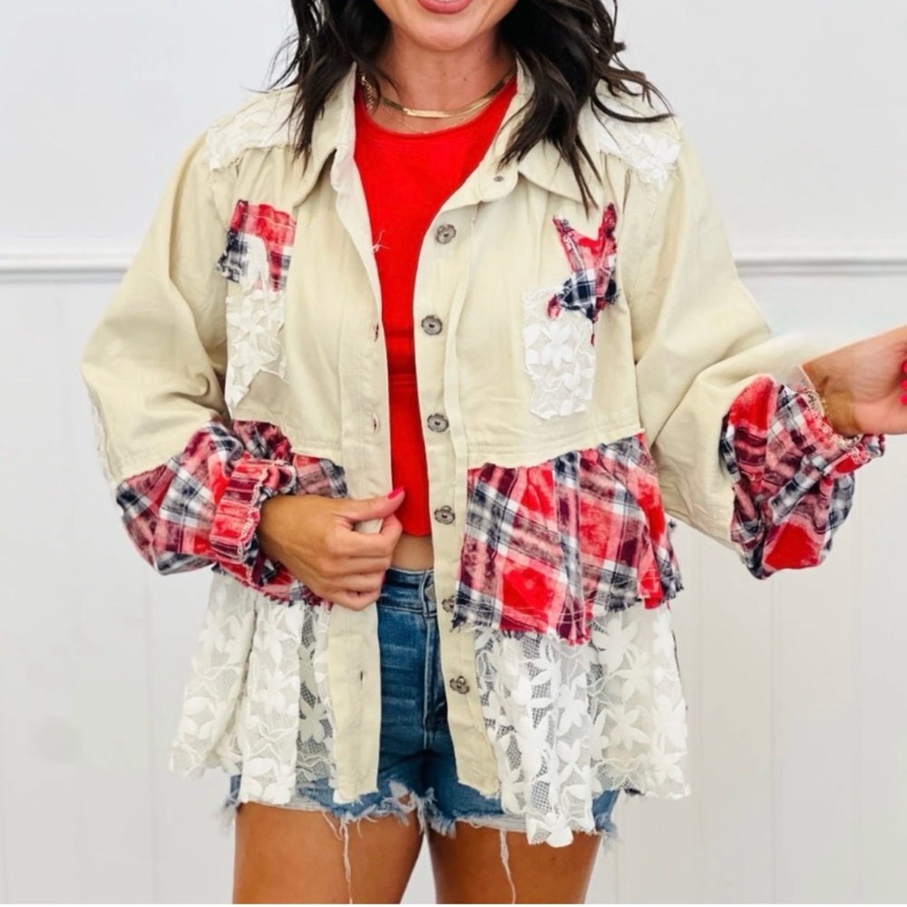 POL Patchwork Cream Jacket with Red Plaid and White Lace Sz M  New Without Tags